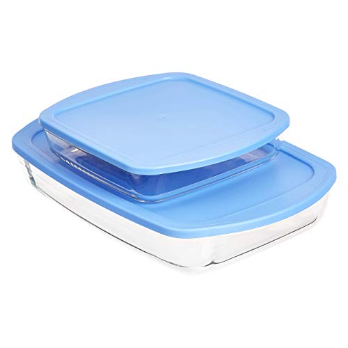 Amazon Basics Oven Safe Glass Baking and Food Storage Dish Set with BPA-Free Lids Set of 2 Rectangular 36L and Square 16L