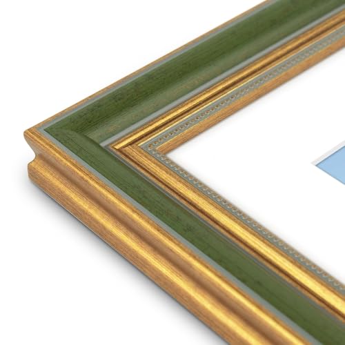Image of Golden State Art,12x16 Ornate Picture Frame Holds 8.5x11 Photo,Green Gold | Includes real glass front,white mat,build-in hangers and buttons.Displays 8.5x11 photo on wall