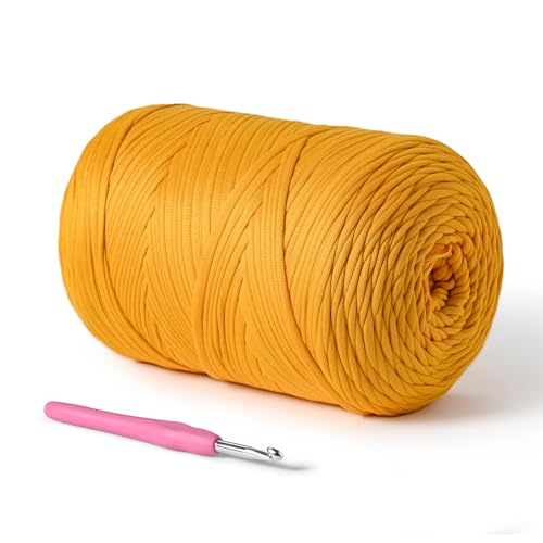 Image of 800g T-Shirt Crochet Yarn for Crocheting Crafts /Bags /Basket /Coaster,Hand Knitting Tshirt Yarn for Crochet,228yds T Shirt Yarns with High Elastic Thick Yarns Polyester Fabric(Golden Yellow)