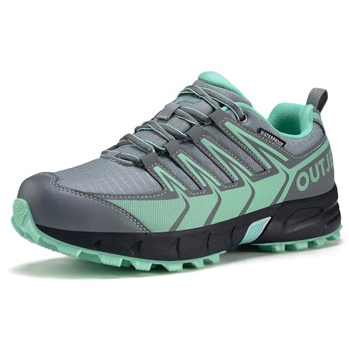 OUTJET Women's Waterproof Hiking Shoes Lightweight Non-Slip Trails Walking Shoes Outdoor Sneakers Green