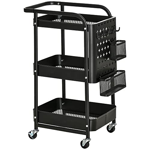 HOMCOM Carrello Portavivande a 3 Livelli con Spazio Multiuso e Ruote Girevoli, in Acciaio e Plastica PP, 51.5x32x75.6cm, Nero