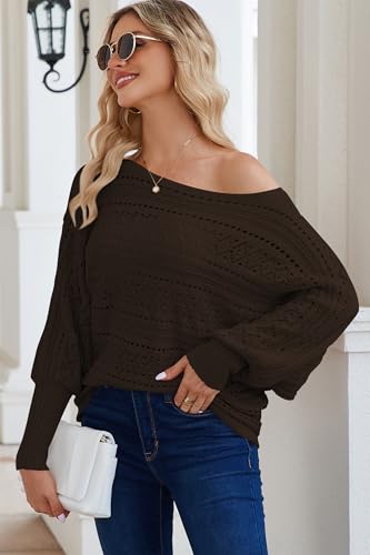 Image of Cakulo Womens Off Shoulder Sweater Top Fall Outfits Fashion 2025 Oversized Knit Batwing Long Sleeve Crochet Pullover Sweaters