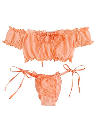 Image of Lilosy Sexy Stretch Ruffle Tie Sheer Mesh Lingerie Set Outfits