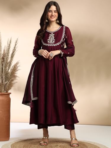 Image of MOKOSH Women's Silk Embroidery Anakrali Kurta Pant with Dupatta | Anarkali Kurta Set | Round Neck Full Sleeve Ethnic Suit | Floral Kurta 7 Colour Option Available | 3 Piece Outfit