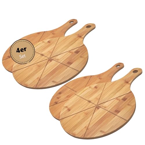 Hausleben Assiette à pizza en bois de 33 cm (lot de 2, 3 ou 4) – Grande planche à pizza avec poignée