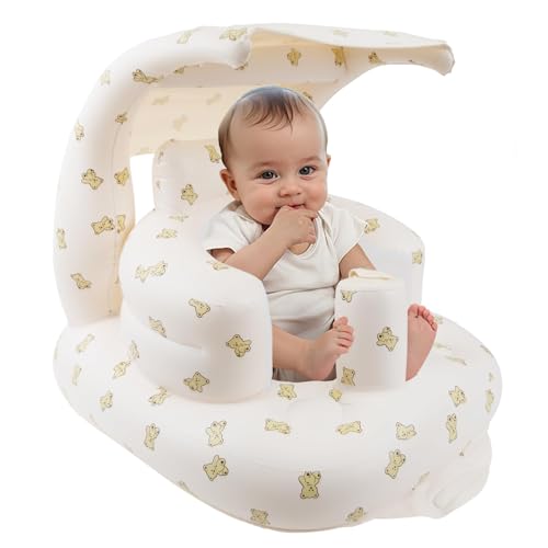 EKEPE Inflatable Baby Seat with Integrated Canopy for Babies 3 Months & Up, Baby Floor Seats for Sitting Up, Baby Seats for Infants, Blow Up Baby Chair with Built in Air Pump - Bear