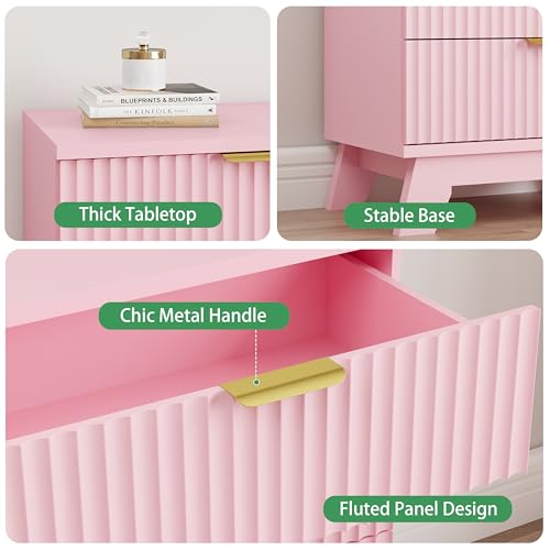 Image of Xixini Fluted Nightstand, 24 inch Wide Side Table with 3 Large Storage Drawers, Mid Century Modern Wood Night Stand with Metal Handle, Wooden Bedside End Table for Bedroom, Pink