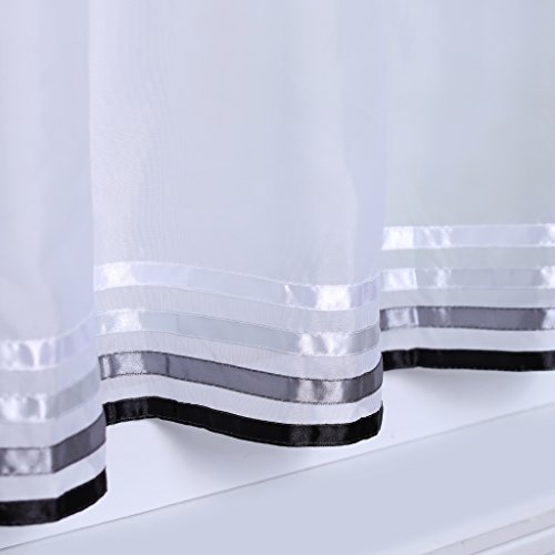 ESLIR Net curtain with eyelets, kitchen bistro curtains, transparent curtains with satin ribbon, voile, white and black, H x W 45 x 90 cm, 1 piece - Image 4