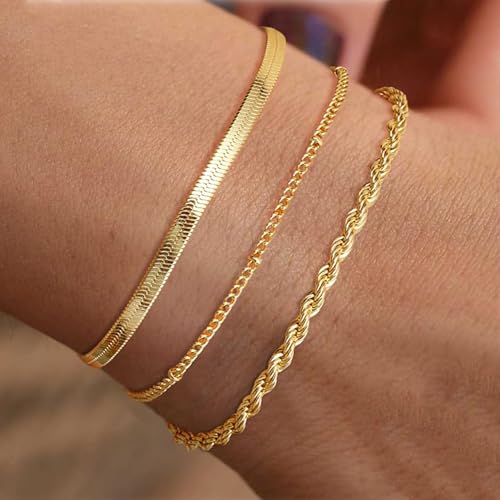 3Pcs 925 Sterling Silver Gold Bracelet for Women Ladies Gold Silver Bracelets Layered Link Chain Charm Bracelet Stackable Adjustable Beaded Bracelets for Womens
