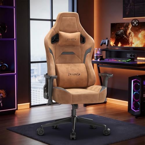 Devoko Ergonomischer Gaming Stuhl für Büro & Gaming, Komfortabler Gamer Sessel mit Stabiler Basis, Hochwertiger Wildlederbezug, 180kg Belastbar, Karamellbraun