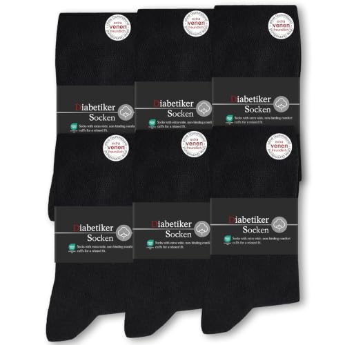 SockWaddles Chaussettes Diabétiques Homme Femme Lot de 6 Paires, 97% Coton, Sans Élastique & Sans Couture, Noir, Taille 35-38