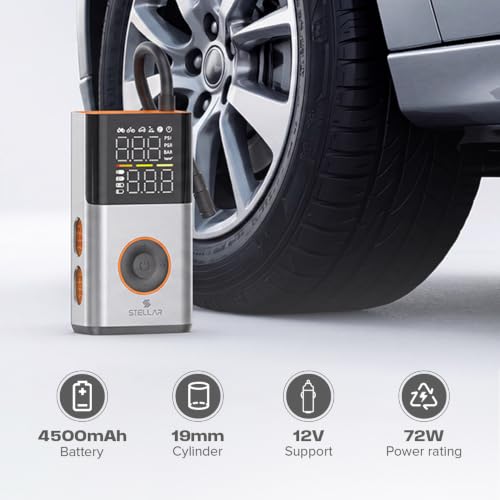 Image of Stellar Drive TP-X1 Tyre Inflator for Car, Bike, Motorcycle, Sports Ball | 70W Motor | Smart LCD Display | Auto Shut-Off | LED Flashlight | 12V Cordless Air Pump Compressor | 150 PSI