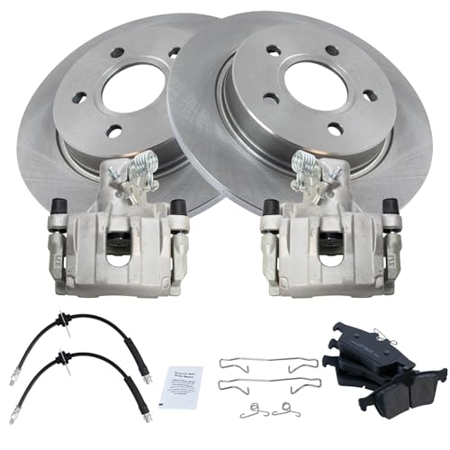 Image of TRQ Rear Brake Pad and Rotor Set Ceramic Rotors Calipers Hoses Compatible with 2012-2016 Ford Focus