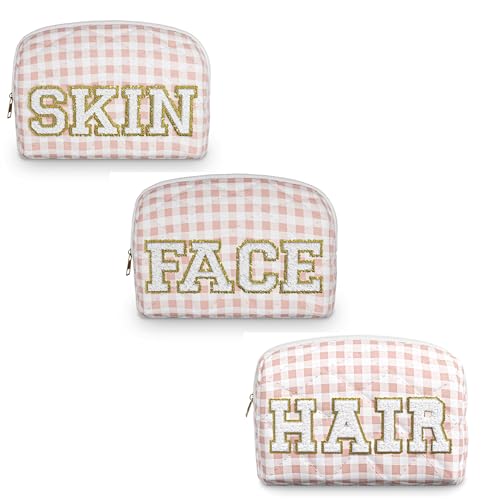 AVENEWU 3pc Checker Makeup Cosmetic Bag Preppy Patch Travel Pouch for Women Chenille Letter Patch Small Portable Cosmetic Bag (Pink & White) (Bag Without Handle)