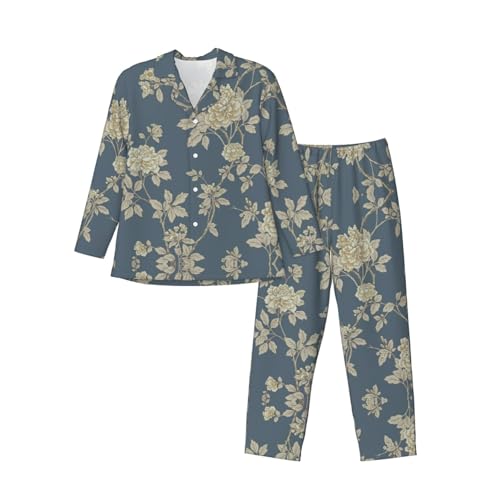 Pyjama classique à col cranté fleurs bleues et jaunes ensemble de détente fluide pour femme