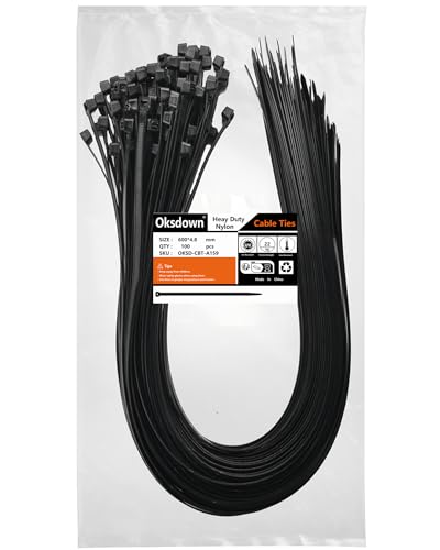 Oksdown 100 Pack Black Thick Cable Ties Heavy Duty Large 600mm×4.8mm Strong Nylon Plastic Self Locking 24 inch/60 cm Extra Long Zip Tie Wraps