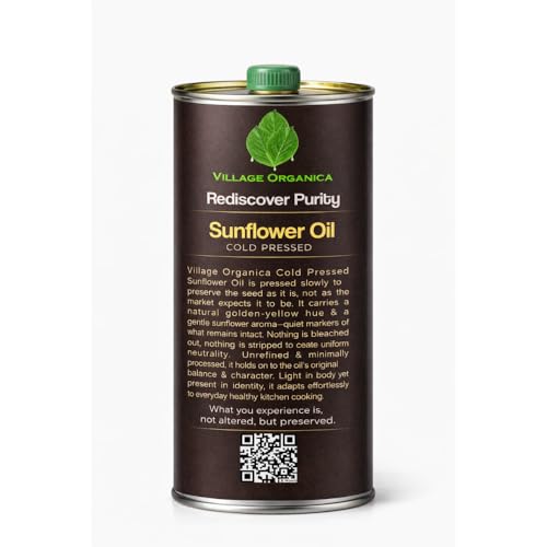 Village-Organica Cold Pressed Sunflower Oil 1 Litre | Unrefined Cooking Oil with Natural Taste & Aroma | No Chemical Processing | Edible Grade Tin Can