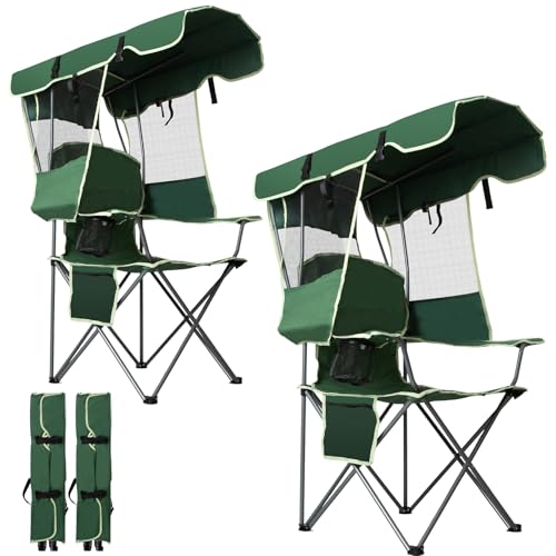 Romswi Folding Canopy Beach Camping Chairs for Adult 2 Pack Portable Outdoor Chairs with Sunshade Cup Holder & Side Pocket for Camping Fishing Beach Backyard Green