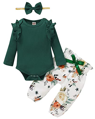 Image of veikimous Baby Girl Clothes Infant Girl Outfits Ruffle Sleeve Romper Tops Floral Pants Headband Set Baby Girl Outfits 0-3 Months Baby Girl Clothes Fall Winter