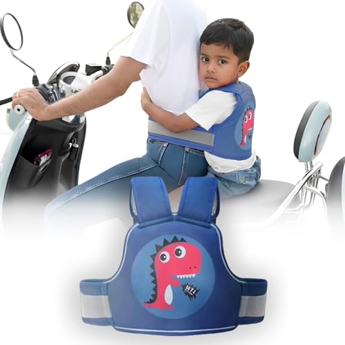Image of POLKA TOTS Premium Safety Belt for Kids for Bike & Scooty | Kids Safety Belt for Two wheeler with Reflective Strips for Night Riding | 3-Point Baby safe Buckle | Adjustable and Cushioned Shoulder & Waist Straps | 0 to 10 Year