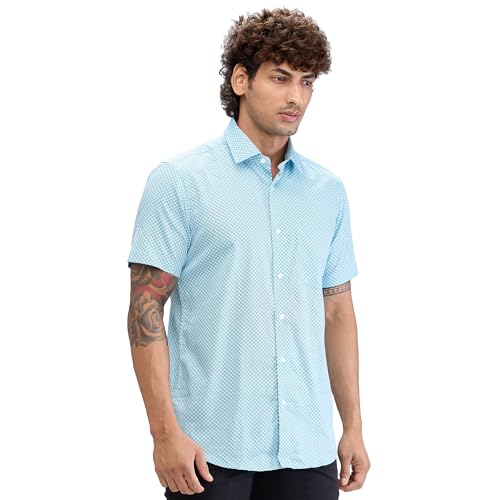 Image of Colorplus Men's Regular Fit Print Pattern Pure Cotton Plain Collar Half Sleeve Casual Shirt