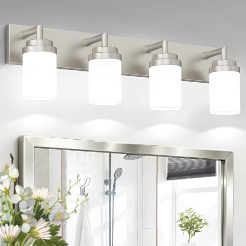 Image of Bathroom Light Fixtures, Brushed Nickel Bathroom Lighting Fixtures Over Mirror, Modern Vanity Light with White Glass Shade, Restroom Lighting Fixtures, 4-Light 30-inch