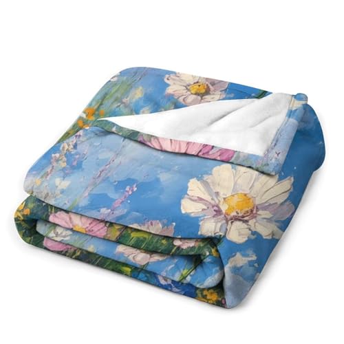 Couverture en flanelle douce motif ciel nuages marguerites pour lit