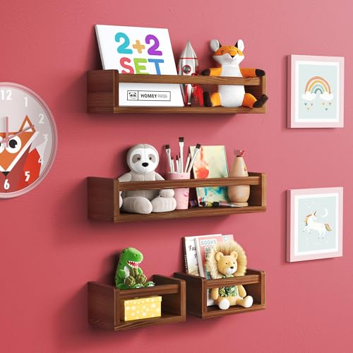 Image of HOMEY PANDA 2+2 Floating Nursery Book Shelves for Wall: 2 Long & 2 Mini Shelves, Bookshelf for Kids & Baby Bookshelf, Nursery Book Shelf for Kids Rooms 4-in-1 Walnut