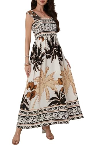 Image of Women Summer Boho Maxi Dress Casual Hawaiian Sleeveless Square Neck Beach Vacation Dresses