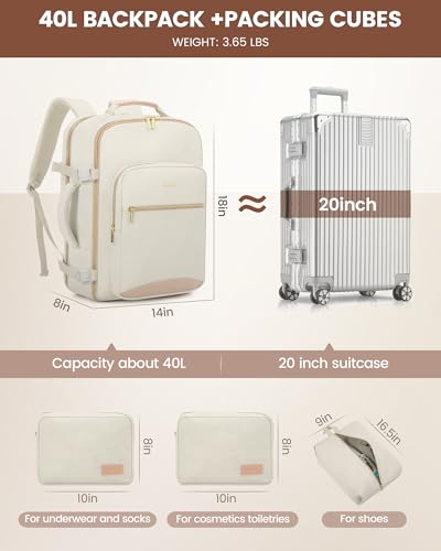 Image of LOVEVOOK 40L Travel Backpack Flight Approved Carry on Backpack,3 Packing Cubes,Waterproof Personal Item Travel Bag,TSA Carry on Luggage Suitcase Travel Essentials,Gifts for Women & Men,fits 17 inch Laptop