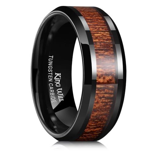 King Will Nature Koa Wood Inlay Tungsten Carbide Wedding Ring 8mm Silver/Black/Gold/Green/Rose Gold/Blue Wedding Band for Men High Polished Anniversary Rings Comfort Fit Size 6-15