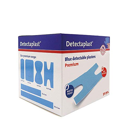 Tiritas detectables Detectaplast, tiritas azules, tiritas resistentes agua y suciedad, tiritas cocina para industria alimentara, hostelería y restauración, 68 x 38 mm (nudillo), 50 tiritas