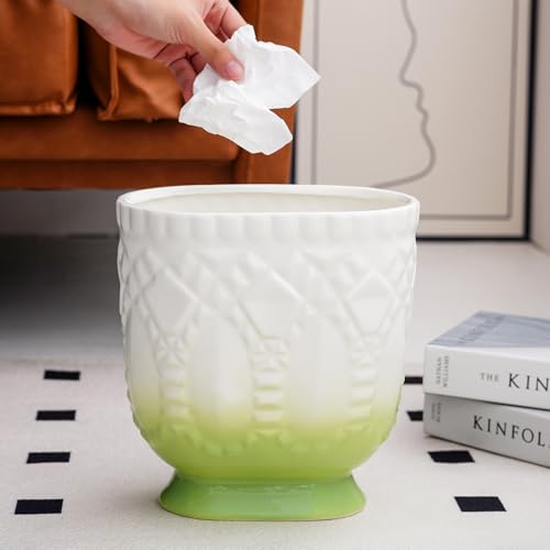 Image of Modern Trash Can - Ceramic Decorative Waste Container for Bathroom, Kitchen, and Bedroom, Garbage Bin for Home & Office, Wastebasket Container (Green)
