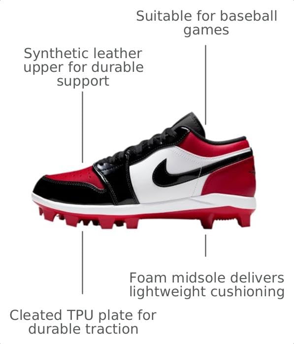Jordan 1 Retro MCS Low Men's Baseball Cleats (Gym Red/White/Black) Size 9.5 - image 3