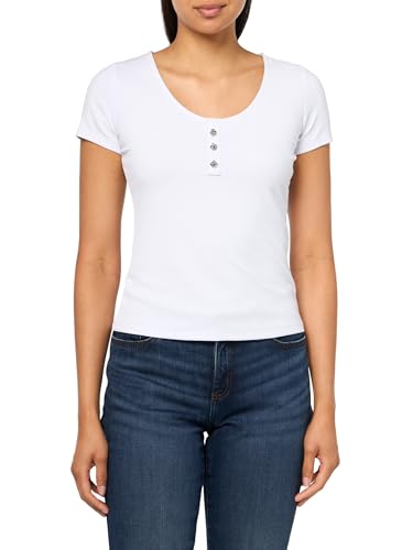 GUESS Womens Eco Short Sleeve Sandwash Rib Karina Tee, Pure White, Extra Small
