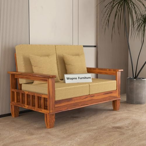 Image of Sheesham Wooden 2 Seater Sofa for Living Room | Rosewood Cushion Sofa with Side Newspaper Holder for Home & Office | Solid Wood Sofa Set for Lounge (Honey, 2 Seater)