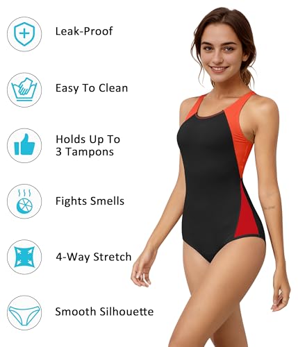 Image of Beautikini Period Swimwear One Piece Leakproof Menstrual Swimsuit Racerback Color Block Bathing Suit for Teen Girls Women