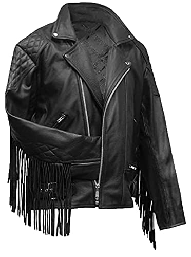 Aksah Fashion Chaqueta de piel auténtica para motociclista Rockstar para hombre, color negro, con flecos y borlas, Cuero De Imitación, XS
