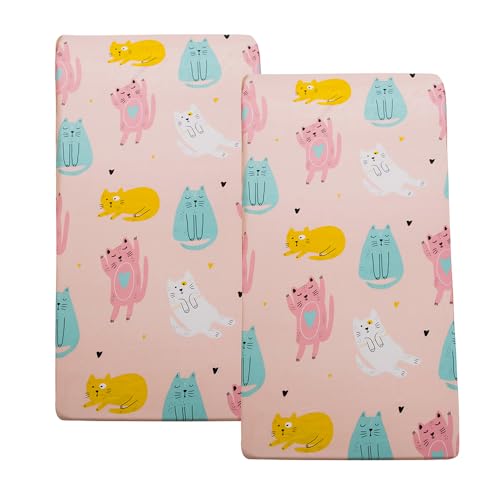 Image of Cute Cats Printed Crib Sheet for Boys Girls,2 Pack Crib Mattress Sheet or Toddler Bed Sheet, Baby Fitted Crib Sheet (Pink Cats)