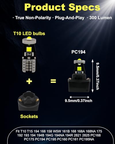 20 Piezas Bombilla LED T10 194 Blanco 6000K con Zócalo miniatura 5