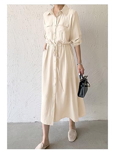 Image of Women Roll-Up Long Sleeve Button Down Shirt Midi Dress