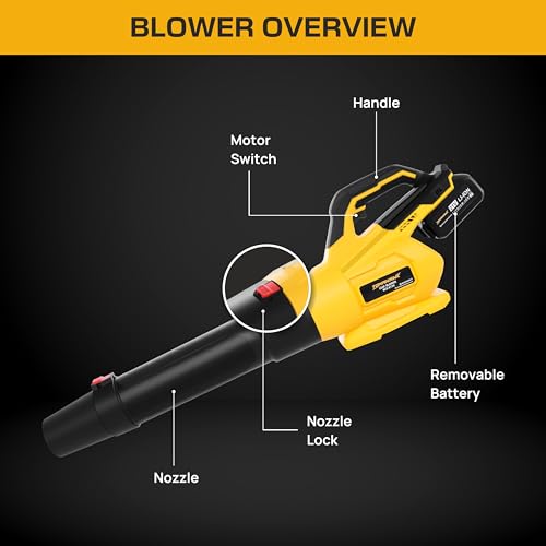 Image of TOMAHAWK BLB-8130 | 20V Brushless Cordless Leaf Blower with 2x3.0Ah Batteries, 150 MPH Air Speed, 125 CFM Airflow, 4 Nozzles, Fast Charger & Carry Bag - Powerful Garden Cleaning Tool