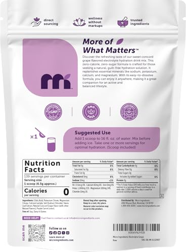 Image of Micro Ingredients Electrolytes Powder, 2lbs (139 Servings) | Sugar Free | Sweet Concord Grape Flavor | 1,000 mg High Potassium Hydration Drink Mix | Keto Friendly, Non-GMO