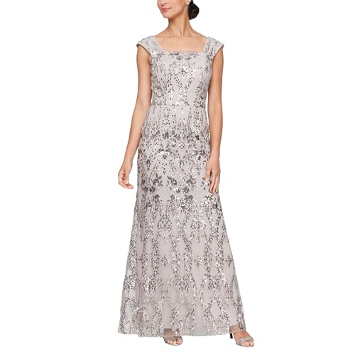 Alex Evenings Women's Petite Long Sleeveless Embroidered Fit and Flare Dress with Square Neckline