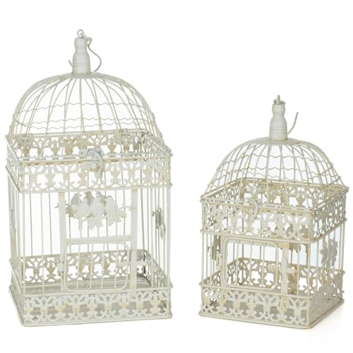 Lot de 2 cages à oiseaux décoratives en métal blanc vieilli H 55/47 cm - Look vintage avec ornement d'oiseaux à suspendre ou à poser - Cage décorative style maison...