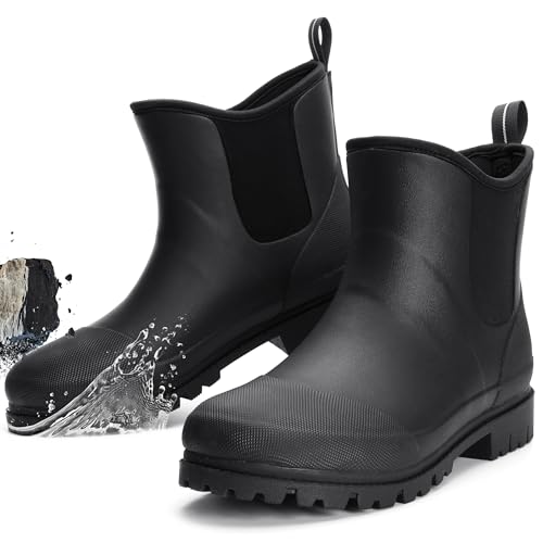 Furuian Men's Steel Toe Rain Boots Rubber Work Boots Chelsea Rain Boots Waterproof Ankle/Short Mud Boots for Men Non Slip Construction Boots Hunting Boots for Agriculture and Industrial Working