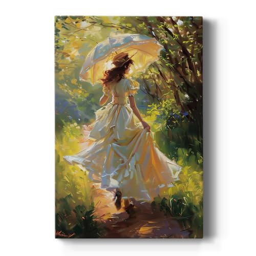 Renditions Gallery Canvas Artwork Home Decor Woman in White Dress Beautiful Parasol Enjoying in Jungle Wall Decor Paintings & Prints for Bedroom Office Kitchen - 8" X 12" LT566