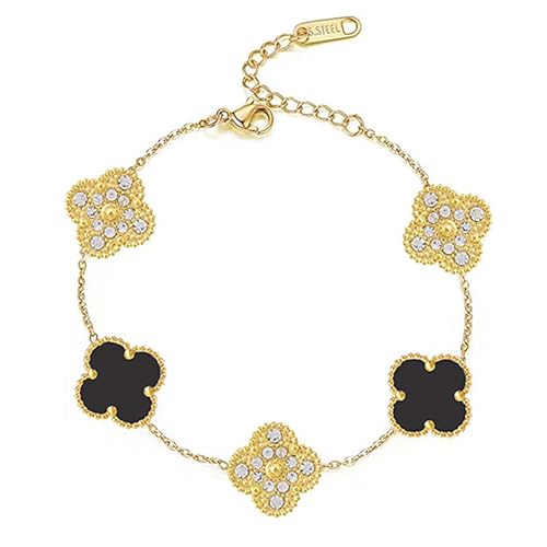 PMMCON Clover Bracelet for Women Girls 18K Gold, Double-Sided Design Fashion Bracelet Jewelry Gifts for Cute Elegant Women Teen Girls(black)