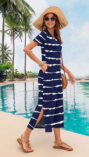 Image of MISFAY Womens Maxi Dress Short Sleeve V Neck Loose with Pockets | Soft stretchy breathable, v neck loose fit, side split hem, two side pockets, casual daily beach vacation travel dress