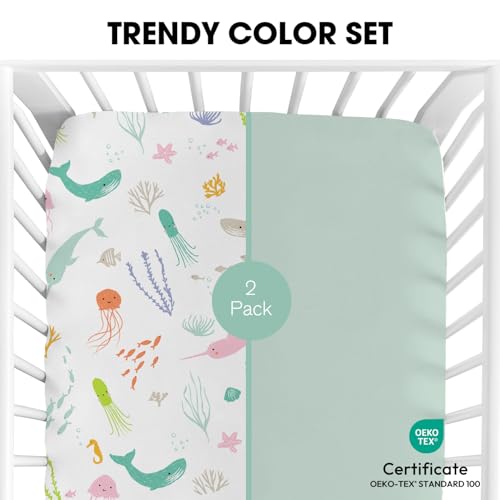 Image of Little Grape Land Crib Sheets 2 Pack, Microfiber Fitted Crib Sheet for Standard Crib Mattress 52 inchx28 inchx8 inch, Soft and Neutral Baby Crib Sheets for Boys and Girls, Breathable & Easy Care, Pastel Ocean